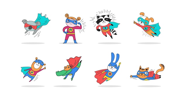 Superhero cute hand drawn animals characters