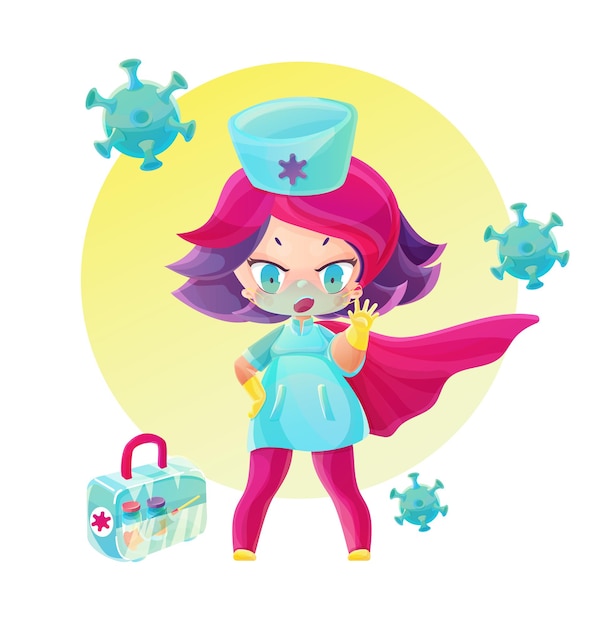 Superhero doctor with vaccine box stop the pandemic