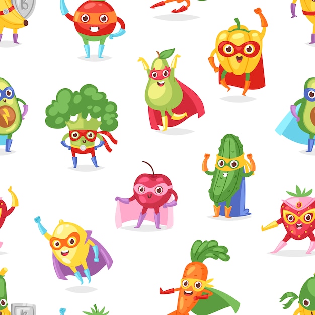 Superhero fruits  fruity cartoon character of super hero expression vegetables with funny banana carrot or pepper in mask illustration fruitful vegetarian set background