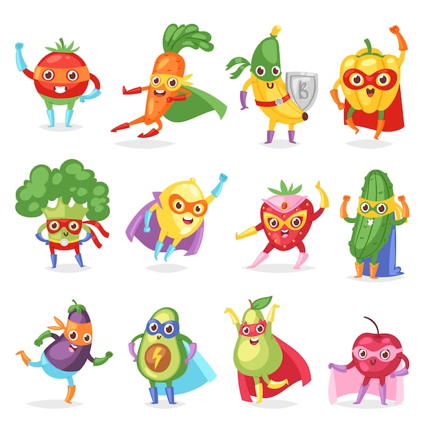 Superhero fruits  fruity cartoon character of super hero expression vegetables with funny banana carrot or pepper in mask illustration