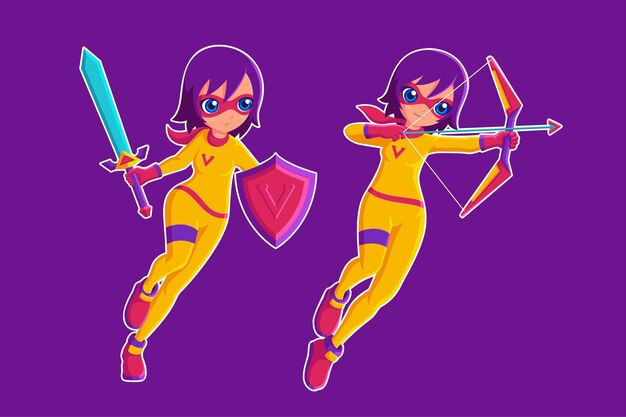 Vector superhero girl hold sword and arrow in different pose