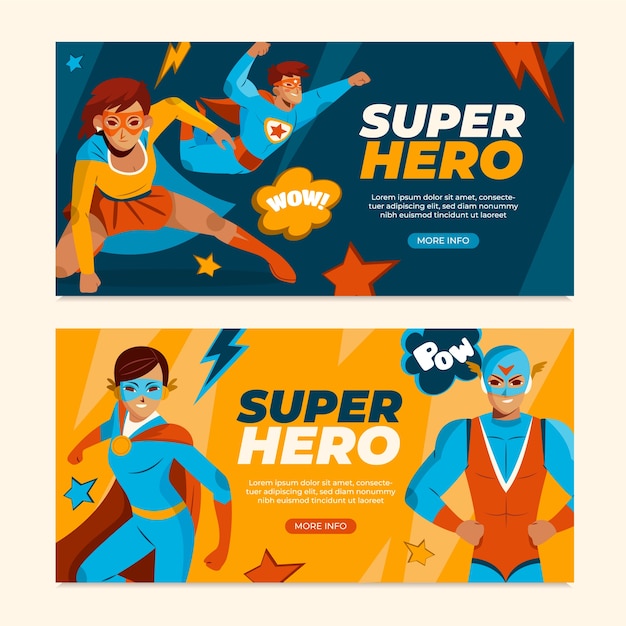 Vector superhero hand drawn cartoon banner set