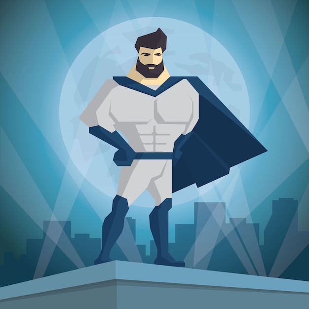 Vector superhero. hero on the background of the night city.