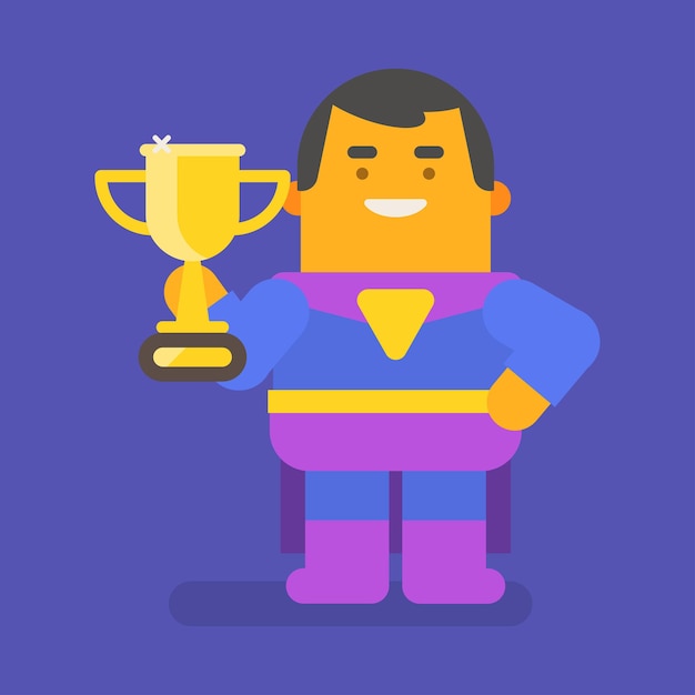 Vector superhero holding gold cup and smiling. vector character. vector illustration