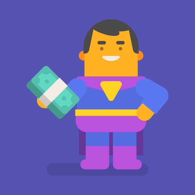 Superhero holding money and smiling. vector character. vector illustration