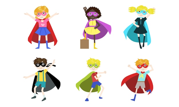 Vector superhero kids set happy cute boys and girls in costumes of superhero capes amd masks vector illustration on white background