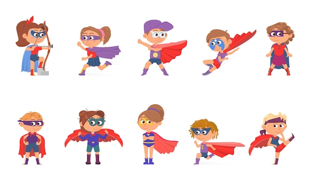 Vector superhero kids superheroes in cape children group jumping and flying cartoon heroes girl wear mask and costume decent vector characters