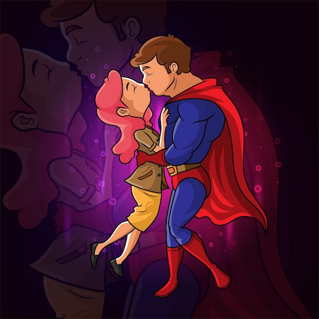 Vector the superhero kissing the beautiful girl of illustration