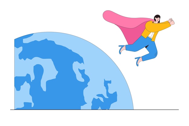 スーパーヒーローの女性が将来の成功への方向性を示す世界の女性リーダーのフェミニズムまたは女性のCEOが国際的な企業コンセプトをリードする世界の地球を飛び回る女性のスーパーヒーロー