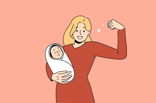 벡터 슈퍼 히어로 어머니와 힘 개념 젊은 웃는 여자 어머니 서 신생아 유아를 들고