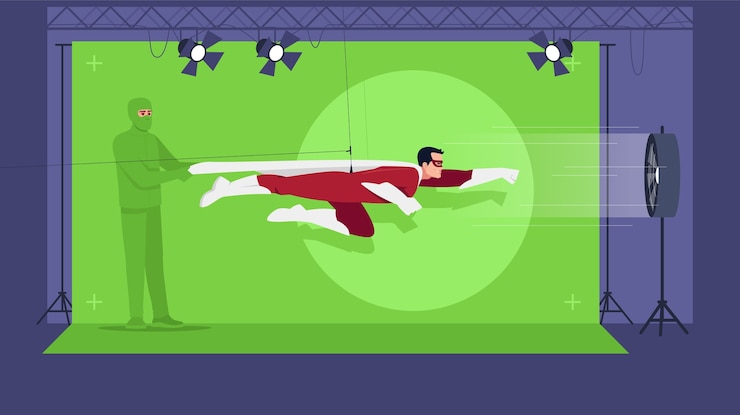 Vector superhero movie semi   . green screen for special effects. action film creation. modern filming technologies. professional team    