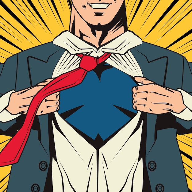 Vector superhero opening shirt pop art