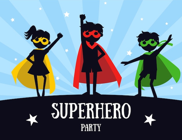 Vector superhero party banner cute kids in superhero costumes and masks birthday invitation landing page template vector illustration web design