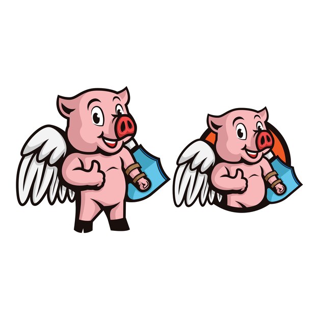 Superhero pig with wings and shield on the hand making thumbs up mascot character logo.