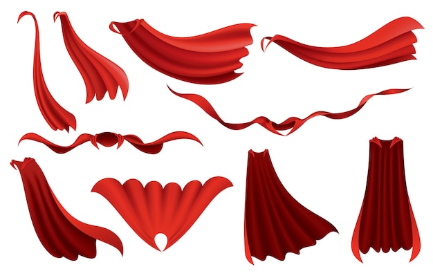 Вектор Красные накидки супергероя шелковый плащ из алой ткани в разных положениях спереди и сверху карнавальное маскарадное платье 3d реалистичный дизайн костюма летающий костюм мантии