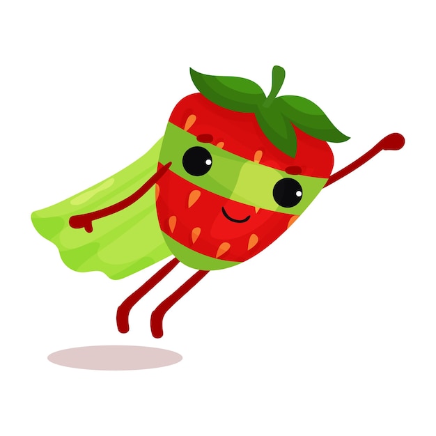 Superhero strawberry in green cape and mask flying with hand up to world rescue. flat cartoon berry character with super powers. organic fruit. vector illustration for print, card, sticker or badge.