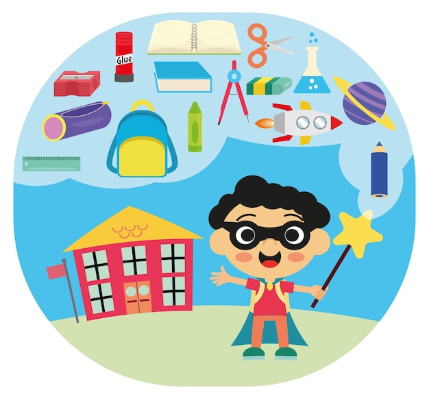 Superhero student and school objects