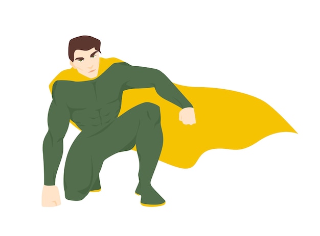 Vector superhero, superhuman or superman. attractive man with muscular body wearing bodysuit and cape. brave and strong fantastic hero or guardian with super power. vector illustration in flat cartoon style.