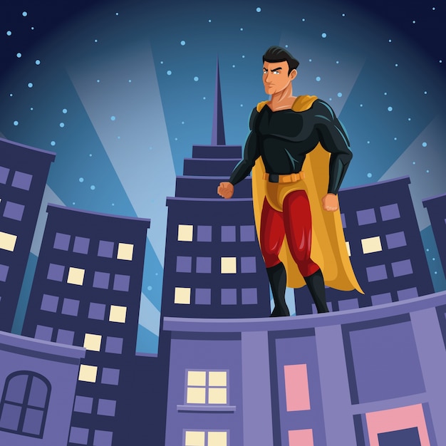 Superhero watching over building city night view