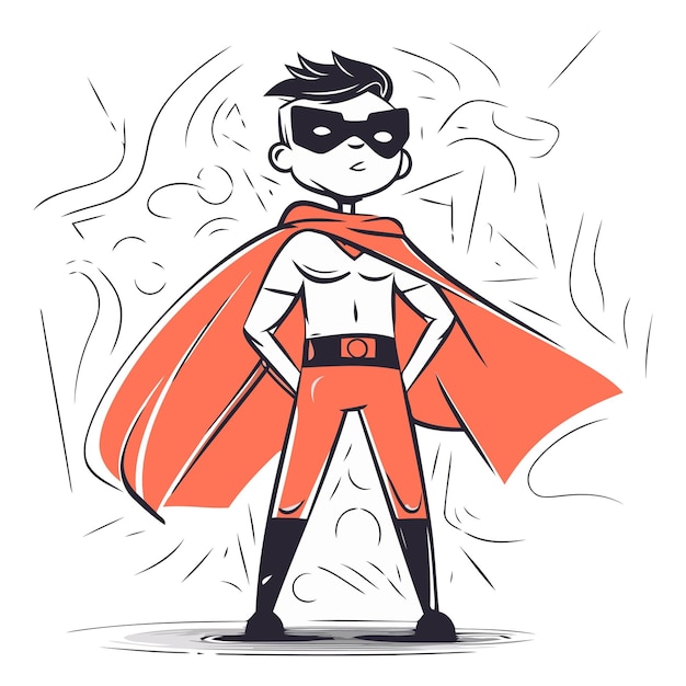 Vector superhero with red cape in cartoon comic style