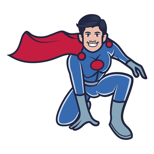 Vettore supereroe con mantello rosso in posizione di atterraggio uomo forte