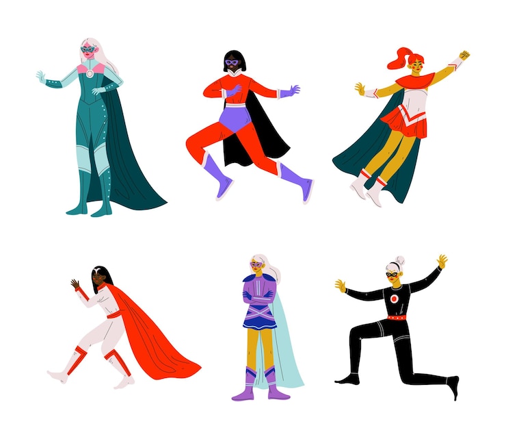 Vector superhero woman character wearing cloak having superpower vector set