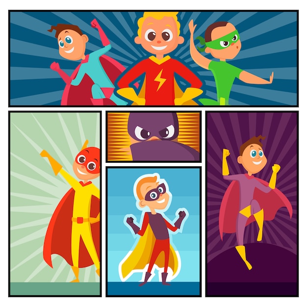 Vector superheroes banners. kids heroes characters in action poses comic super persons colored cartoon mascot