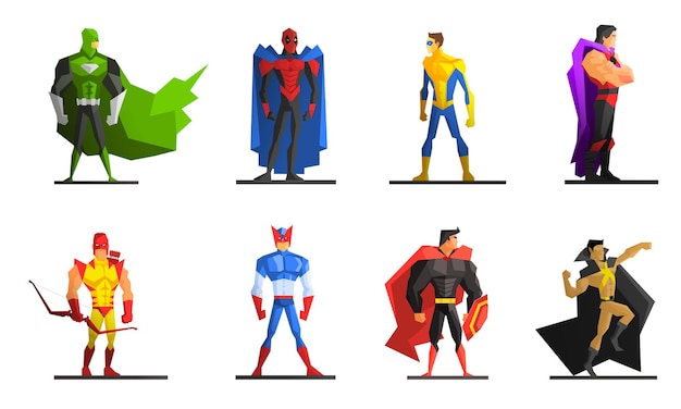Supereroi set diversi personaggi di supereroi maschi in costumi colorati illustrazione vettoriale su sfondo bianco