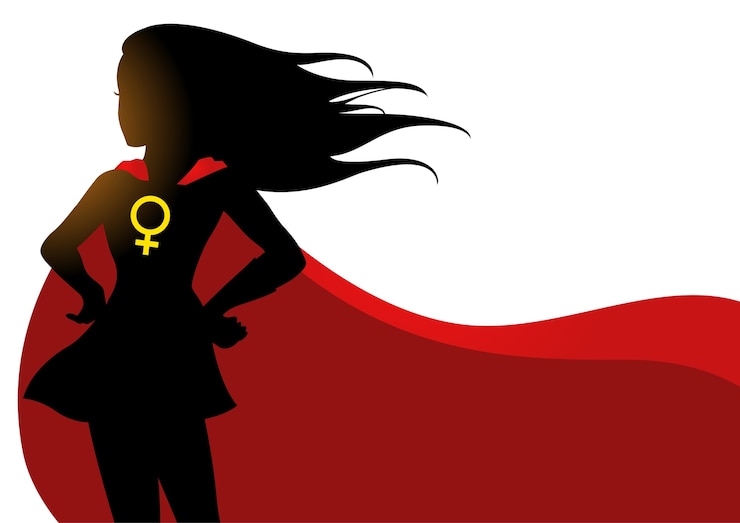 Vector superheroine in red cape with female symbol