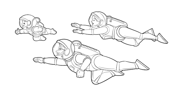 Вектор Семья астронавтов супермена летит по воздуху, держась за рукивекторная черно-белая иллюстрация, раскраска наброски