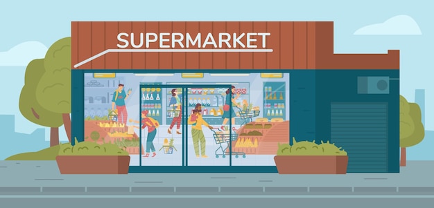 Vector supermarket building exterior with people shopping flat vector illustration