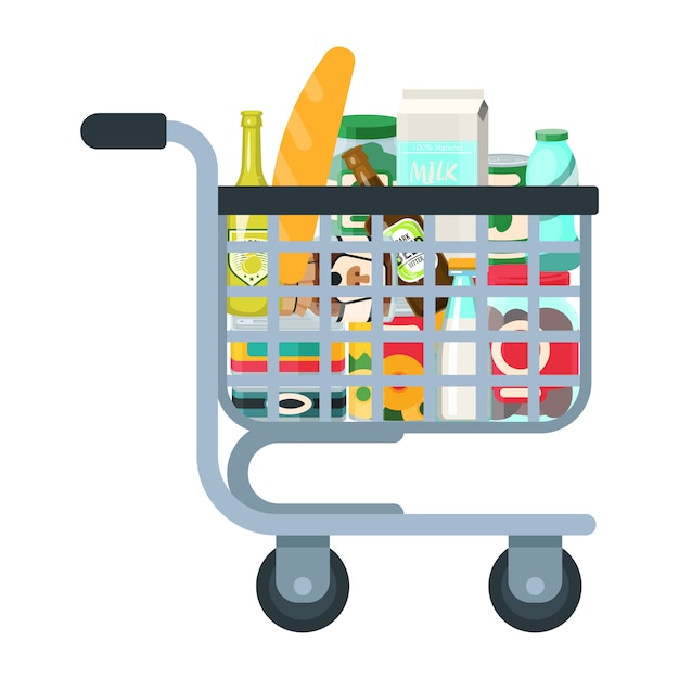 Vector supermarket cart full with groceries on white.