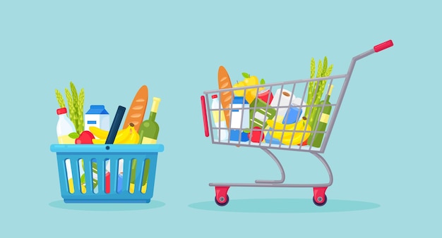 Vector supermarket cart, shopping bag, trolley full of fresh grocery products, healthy food, goods