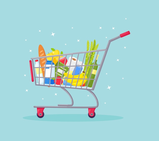 Supermarket cart, shopping trolley full of fresh grocery products