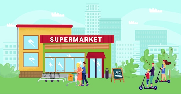 Supermarket at cartoon street flat city shop vector illustration urban market background people go shopping to store concept