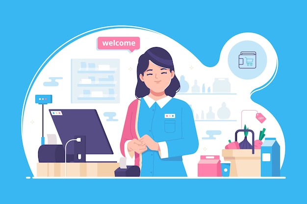 Vector supermarket cashier concept illustration background