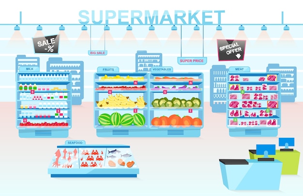 Supermarket departments flat illustration. shelves with different products. vegetables, meat, seafood, fruits and milk divisions. grocery store interior. consumerism and merchandise