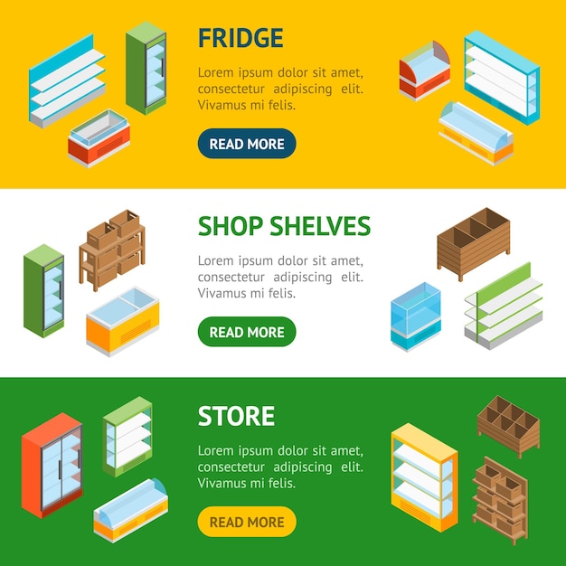 Supermarket Elements Banner Horizontal Set Isometric View Shelf and Showcase Different Types Vector illustration