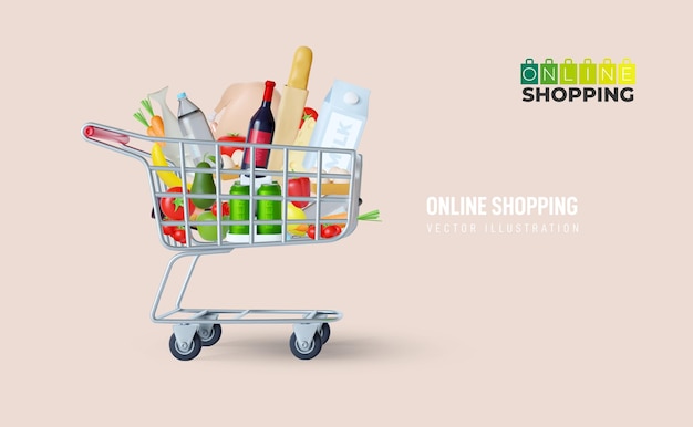 Supermarket full shopping trolley cart with fresh grocery products and red handle realistic 3D vector illustration SelfserviceOnline shopping banner with shopping cart clouds and social icons