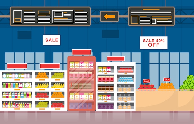 Vector supermarket grocery shelf store retail shop mall interior flat illustration