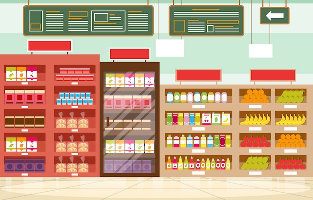 Supermarket grocery shelf store retail shop mall interior flat illustration