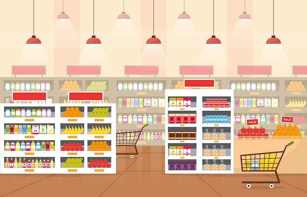 Vector supermarket grocery shelf store retail shop mall interior flat illustration