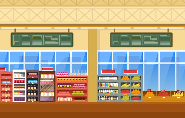 Vector supermarket grocery shelf store retail shop mall interior flat illustration