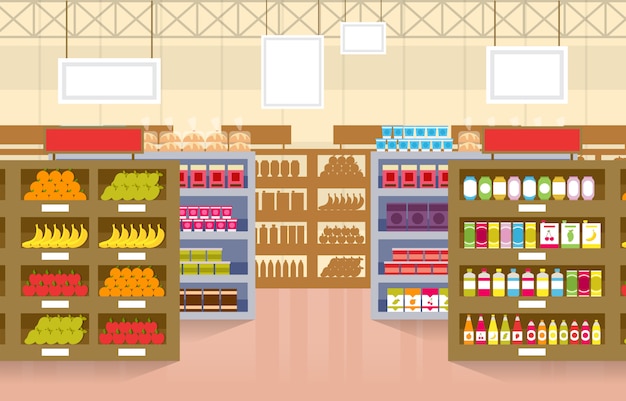 Vector supermarket grocery shelf store retail shop mall interior flat illustration