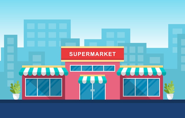 Supermarket grocery store retail shop mall city building flat illustration