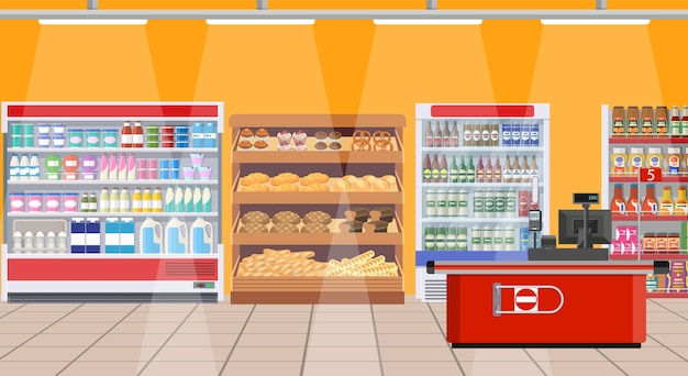 Supermarket interior. shelves with products.