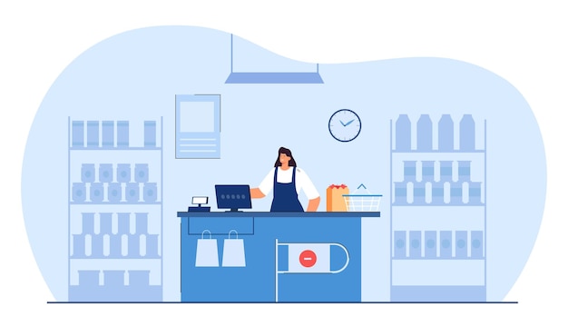 Supermarket interior with cashier at checkout. female worker at cash register in shop flat vector illustration. grocery shopping, retail concept for banner, website design or landing web page