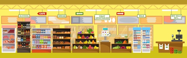 Supermarket interior with products and cash register