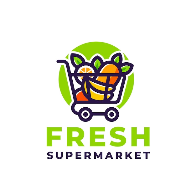 Vettore logo di supermercato con frutta all'interno di un logo del carrello della spesa