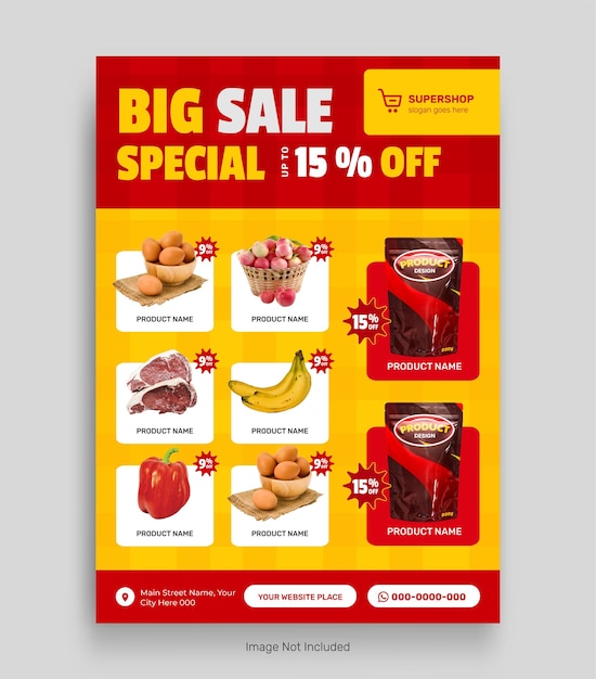supermarket product sale catalog and grocery sale flyer template banner
